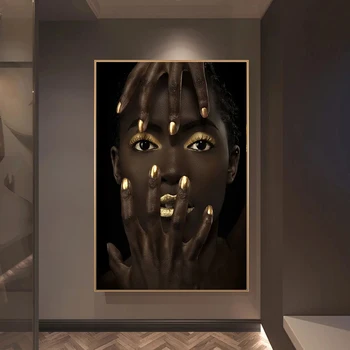 Čierny Dievča Plátno na Maľovanie Africká Žena Zlatom Sexy Pery Plagát a Tlač Wall Art Obraz pre Steny v Obývacej Izbe Dekor Cuadro
