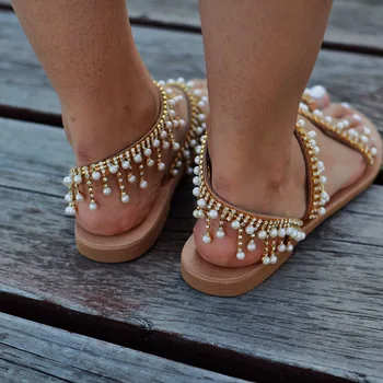 Bomlight Pearl Ženy Sandále Crystal Nové Letné Topánky Ploché Pohodlné Sandále String Perličiek Papuče Ženy Bežné Sandále, Veľkosť 43