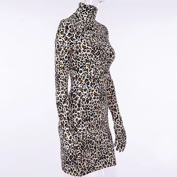 TolTolQ Leopard Tlač Šaty S Dlhým Rukávom Zobraziť Pohodlné Bavlnené O Krk Leopard Mini Bodycon Klubu Strany Zime A Ženy Šaty