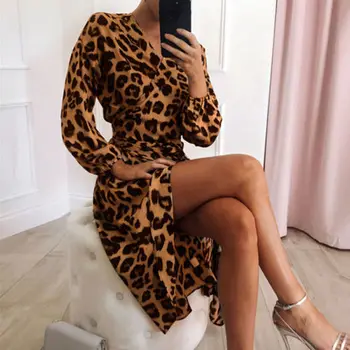 Nové Módne Ženy Dámske Šaty S Dlhým Rukávom Leopard Tlač Jeseň Voľné Bežné Strany Tvaru Koktail Midi Šaty