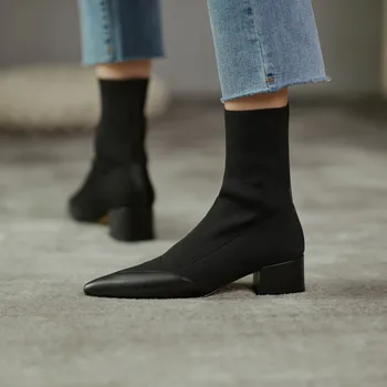 Topánky ženy ponožka-boot Kožené členok Patent kožené členkové topánky vysoké podpätky, topánky pre ženy