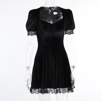 Vintage Čipky Čierne Šaty, Sexy Goth Vysoký Pás Mini Šaty Estetické, Elegantné Krátke Čiary Šaty Strany Klubu Nosiť 2021 Jar