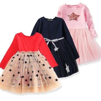 2019 Jeseň Zimné Dievčenské Šaty Svetre Šaty Dlhé rukávy Nový Rok Vianočné Šaty detská Móda Červená Hviezda Princezná Šaty