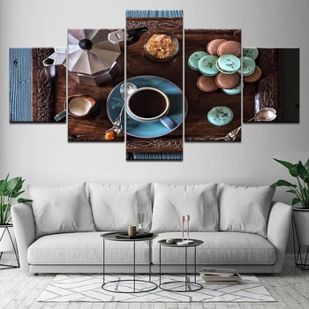 Domáce Dekorácie Modulárny Plagát Obrázky Nástenné Kresby 5 Panel Čaj Káva Macaron Plátno Na Maľovanie Vytlačené Na Obývacia Izba Rám