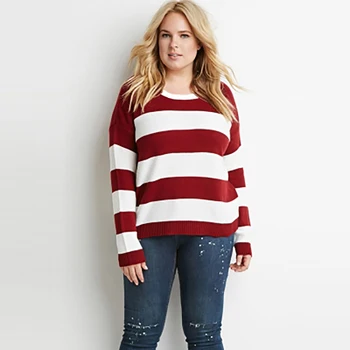 Pulóver sveter ženy, plus veľkosti 6xl 5xl 2017 Jar Pruhované Červené Biele Hit Farby, Dlhý Rukáv Svetre O-Krku Nové Ležérne Oblečenie