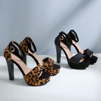 YQBTDL 2020 Módne Sandále na Platforme Letné dámske Topánky Stiletto Vysoké Podpätky Leopard Tlač Semiš Žena Sandále Čierne Plus Veľkosť