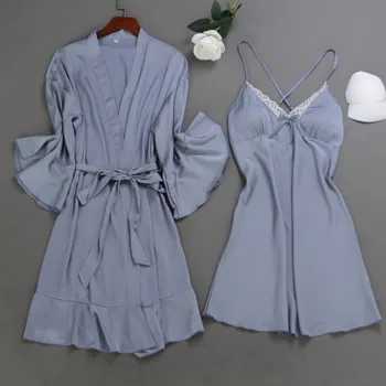 2 KS Satin Sleepwear Lady Čipky Patchwork Kimono Župan Šaty Nightgown Bežné Nevesta Bridesmaid, Svadobný Dar Nighty&Župan Oblek