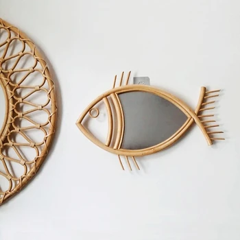 Ratanový Inovatívne Umenie Dekorácie Ryby Tvar Make-Up Zrkadlo, Toaletný Stene Visí